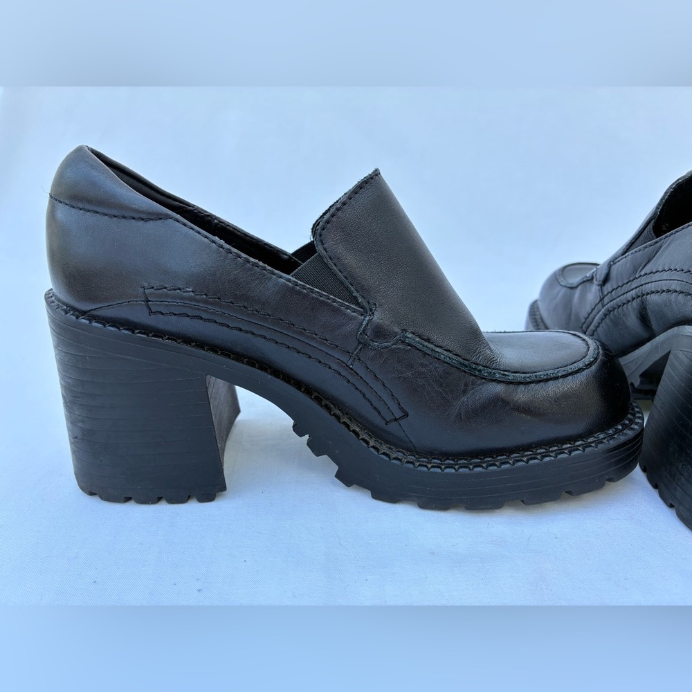 Aldo Y2K Vintage Black Leather Chunky Lug Sole Loafer Heel US 6 5.5 EU 36 grunge